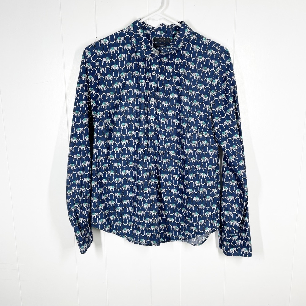 J Crew Blue All Over Elephant Print Long Sleeve Button Down Perfect Shirt 10